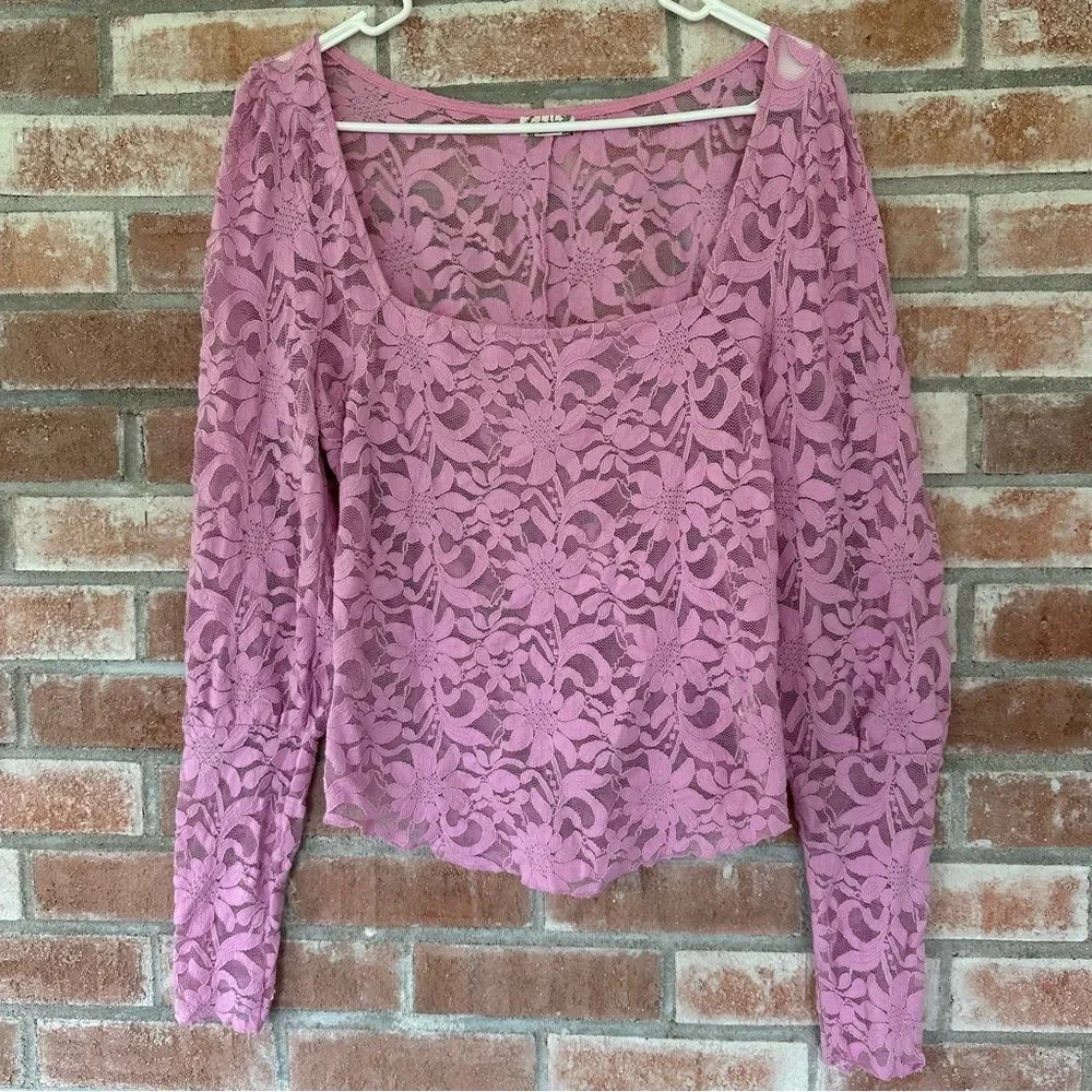 Intimately Free People Long Distance Floral Lace Shirt Women’s Large Pink Angel